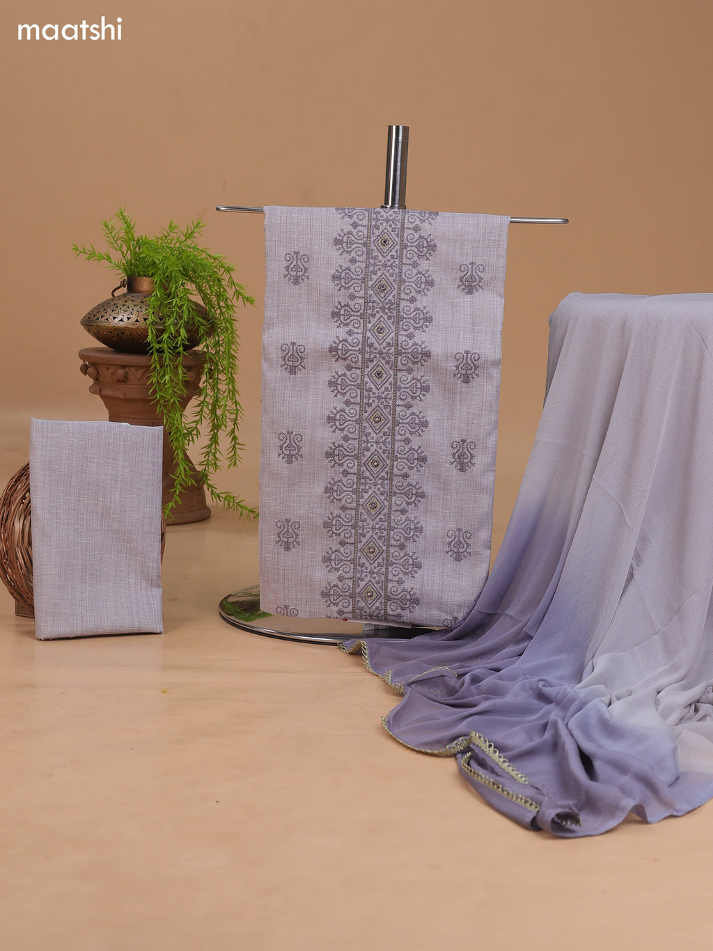 Pastel Grey Cotton Dress Material With Floral Buttas & Embroidery Work Neck Pattern and Bottom & Dupatta