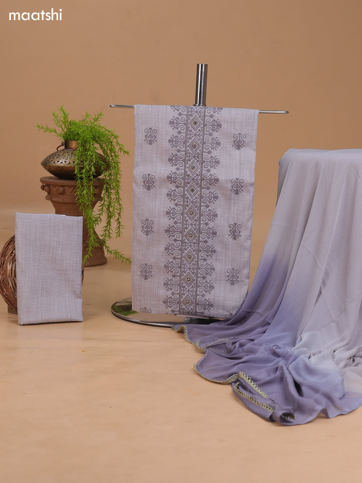 Pastel Grey Cotton Dress Material With Floral Buttas & Embroidery Work Neck Pattern and Bottom & Dupatta
