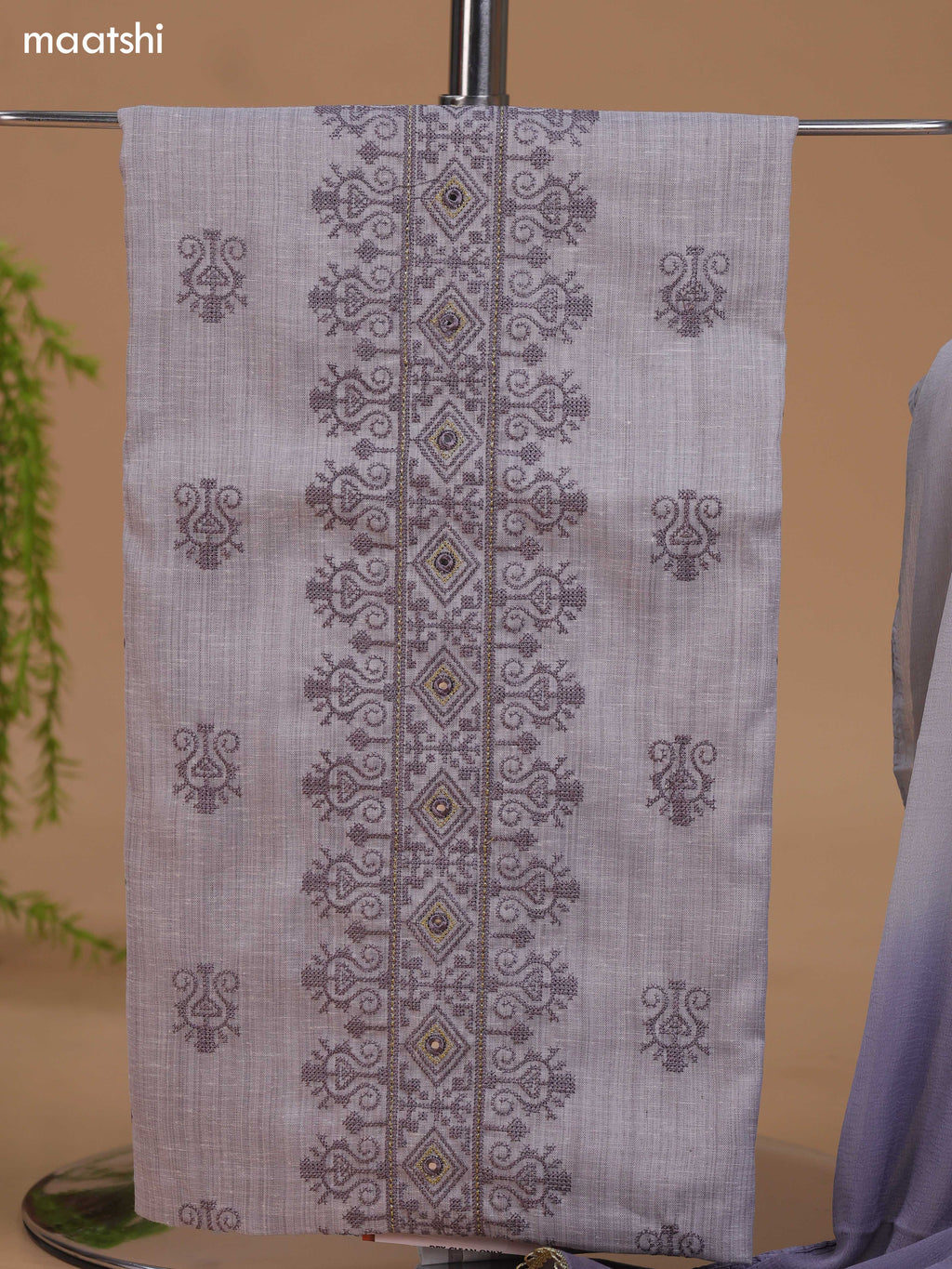 Pastel Grey Cotton Dress Material With Floral Buttas & Embroidery Work Neck Pattern and Bottom & Dupatta