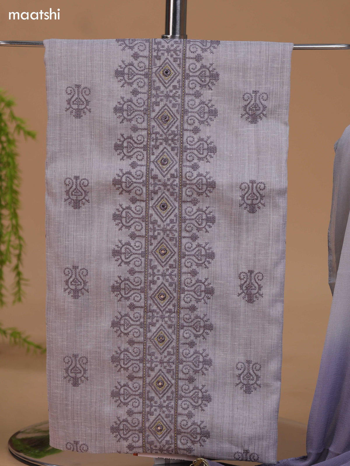 Pastel Grey Cotton Dress Material With Floral Buttas & Embroidery Work Neck Pattern and Bottom & Dupatta