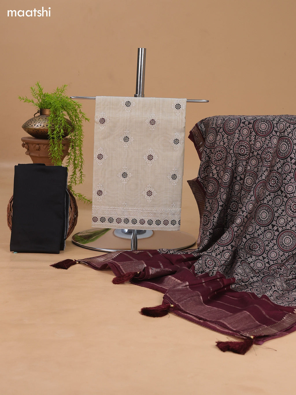 Off White and Black Cotton Dress Material With Floral Buttas & Embroidery Work Pattern and Bottom & Dupatta