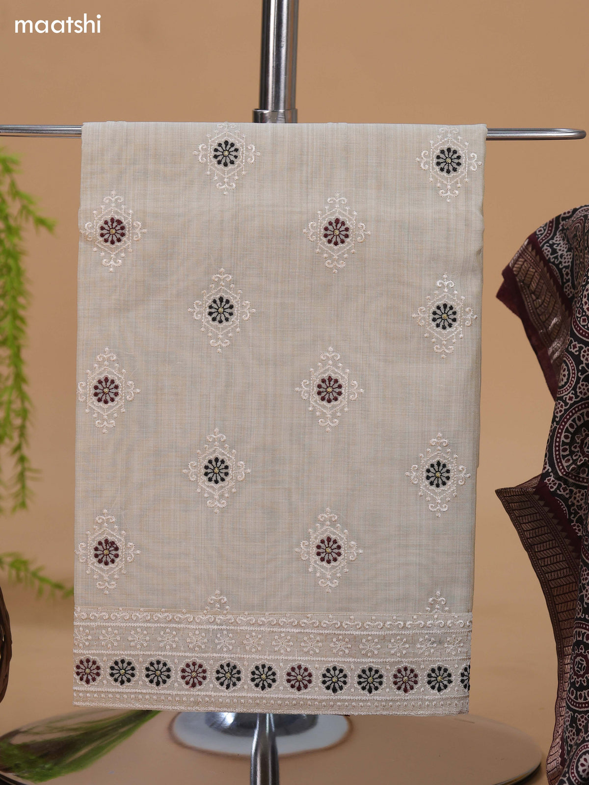 Off White and Black Cotton Dress Material With Floral Buttas & Embroidery Work Pattern and Bottom & Dupatta