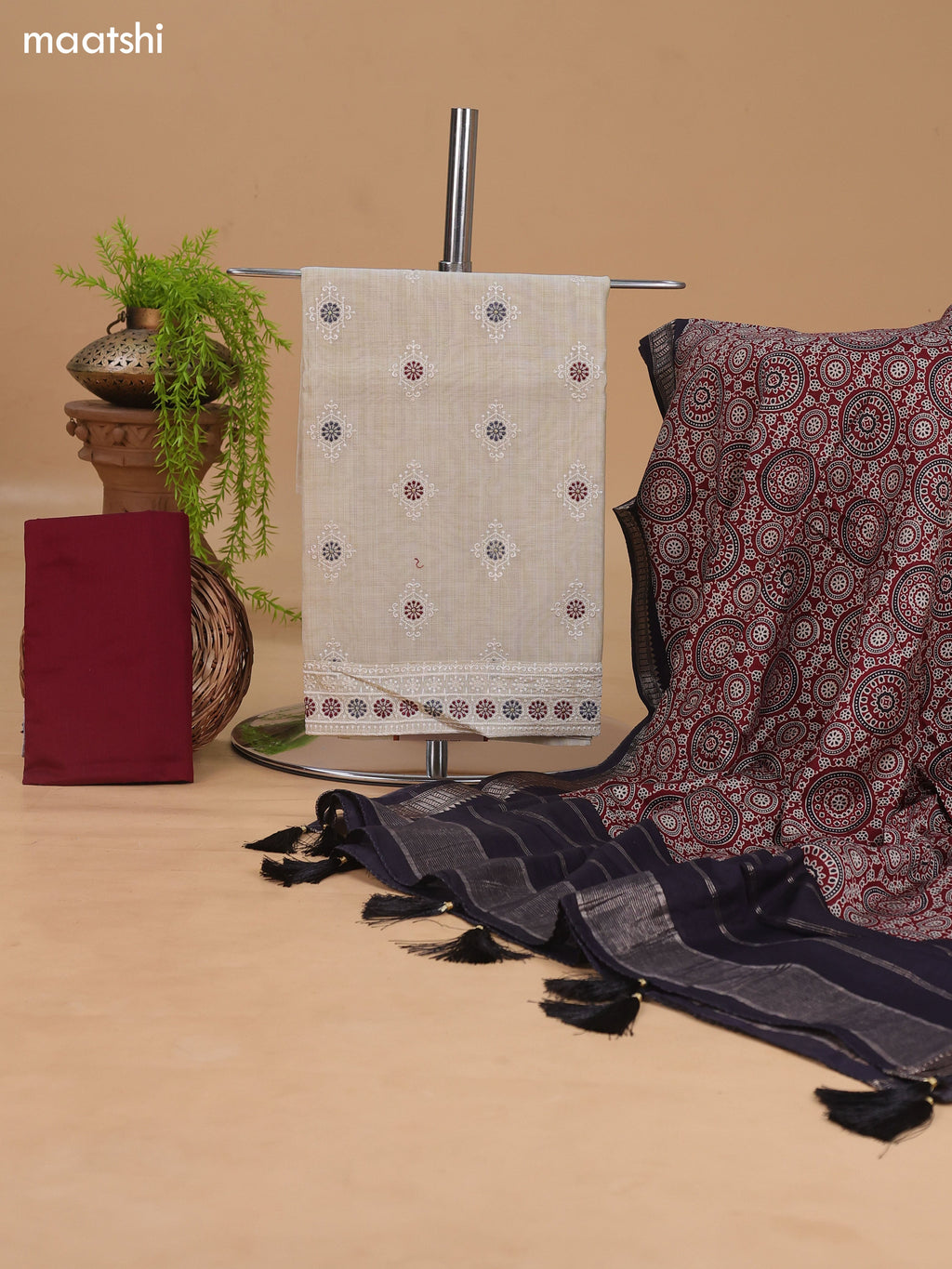 Off White and Maroon Cotton Dress Material With Floral Buttas & Embroidery Work Pattern and Bottom & Dupatta