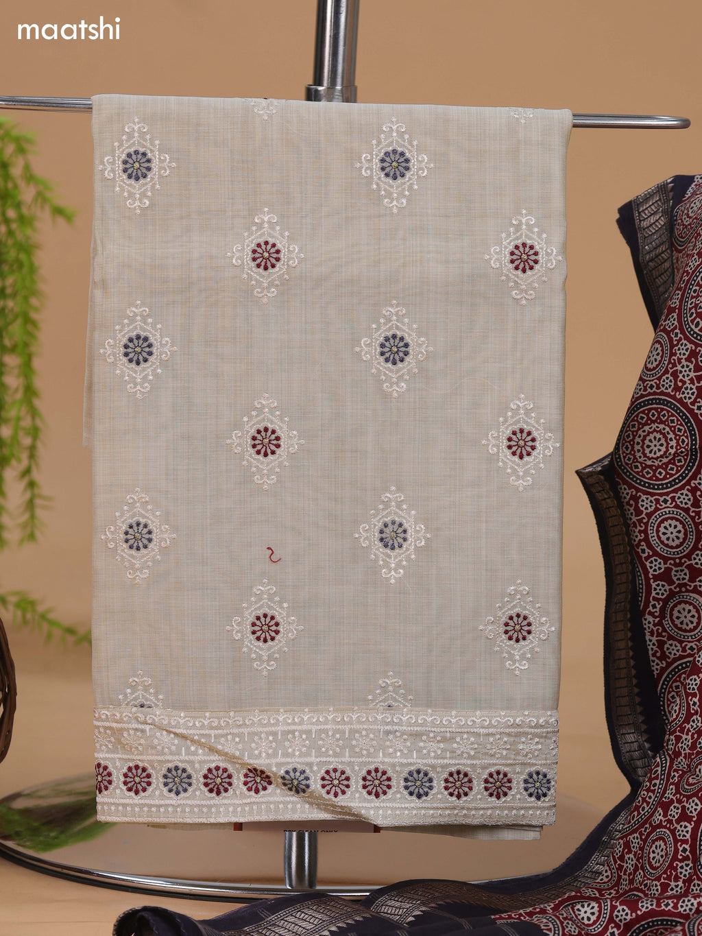 Off White and Maroon Cotton Dress Material With Floral Buttas & Embroidery Work Pattern and Bottom & Dupatta