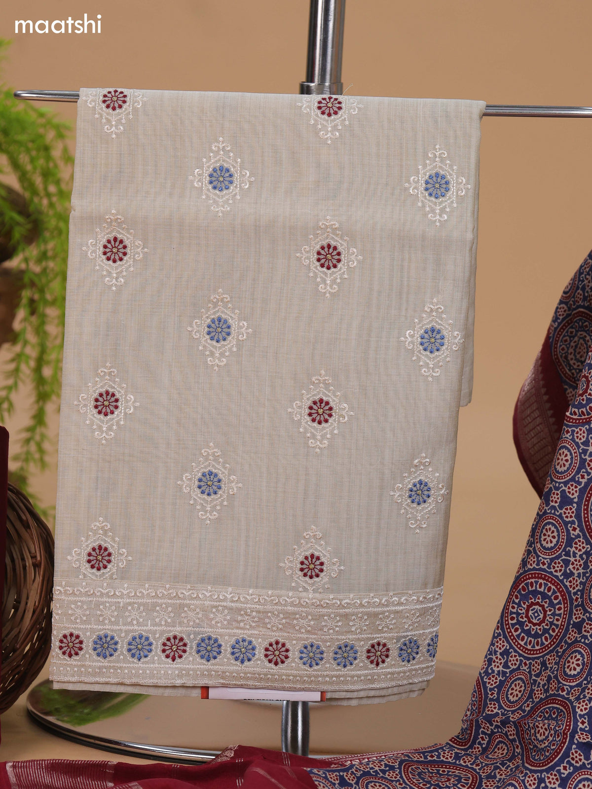 Off White and Blue Cotton Dress Material With Floral Buttas & Embroidery Work Pattern and Bottom & Dupatta