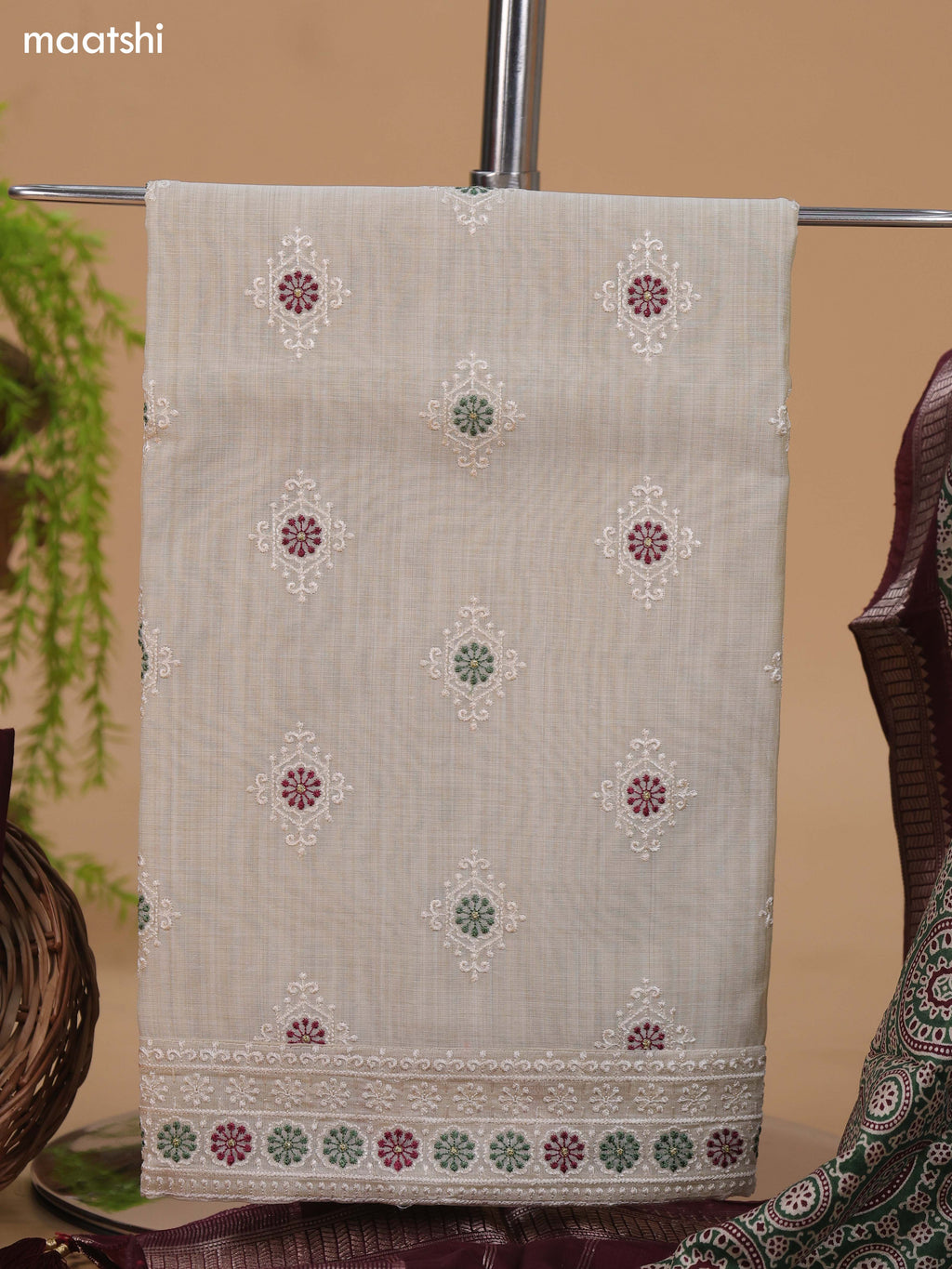 Off White and Green Cotton Dress Material With Floral Buttas & Embroidery Work Pattern and Bottom & Dupatta