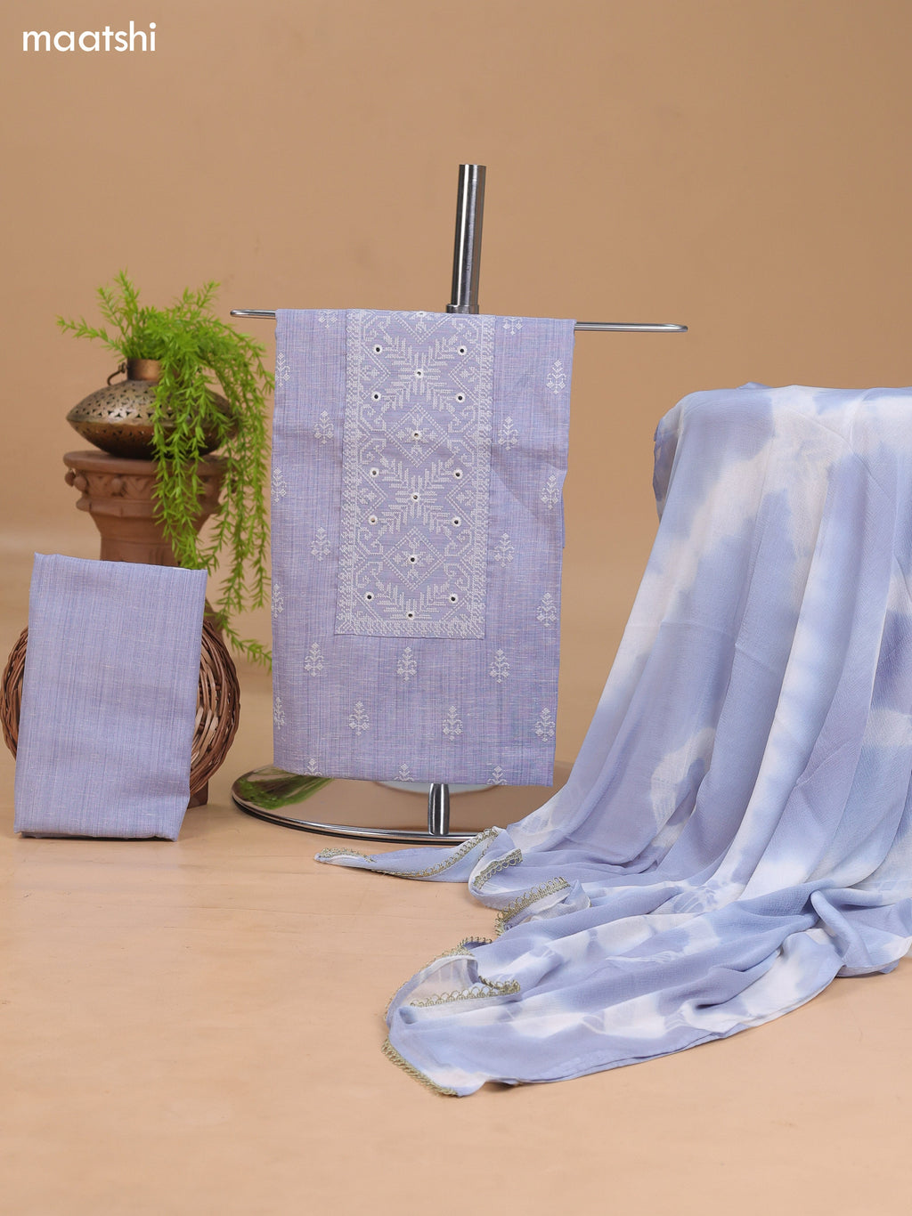 Pale Blue and Off White Cotton Dress Material With Embroidery Work Neck Pattern and Bottom & Dupatta