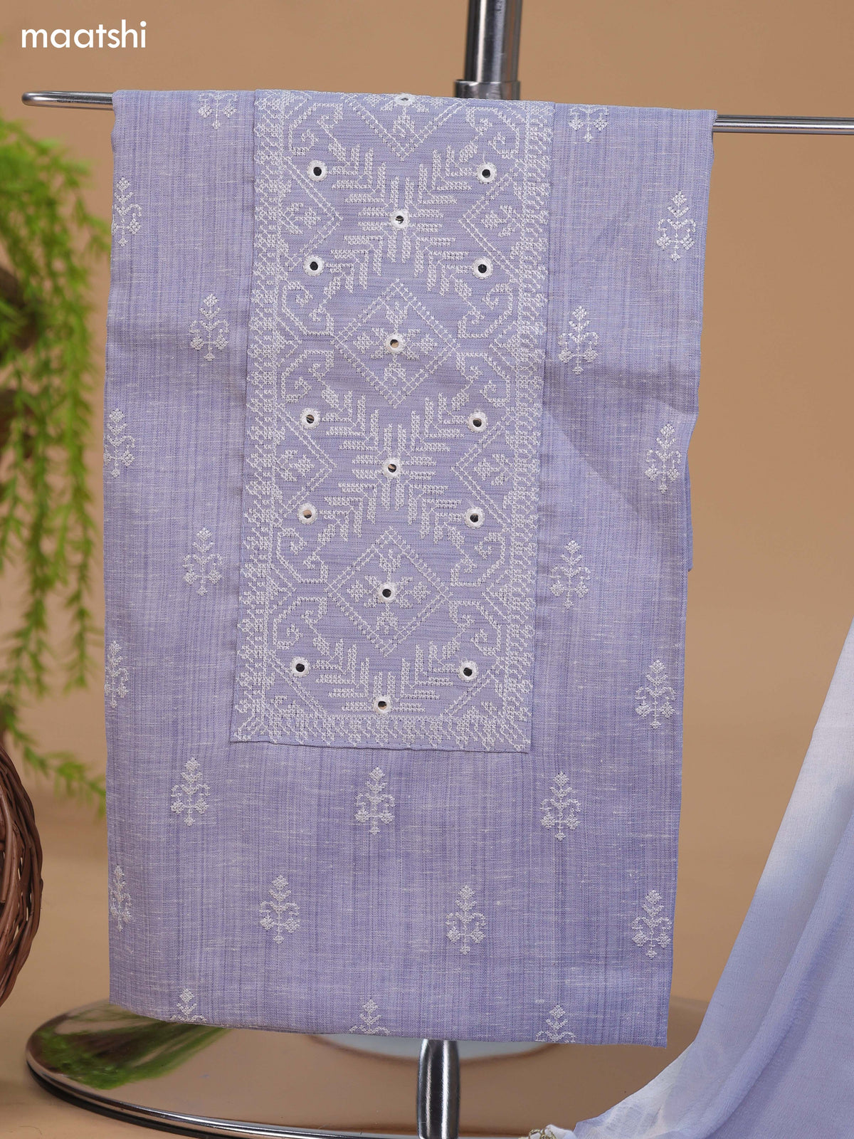 Pale Blue and Off White Cotton Dress Material With Embroidery Work Neck Pattern and Bottom & Dupatta