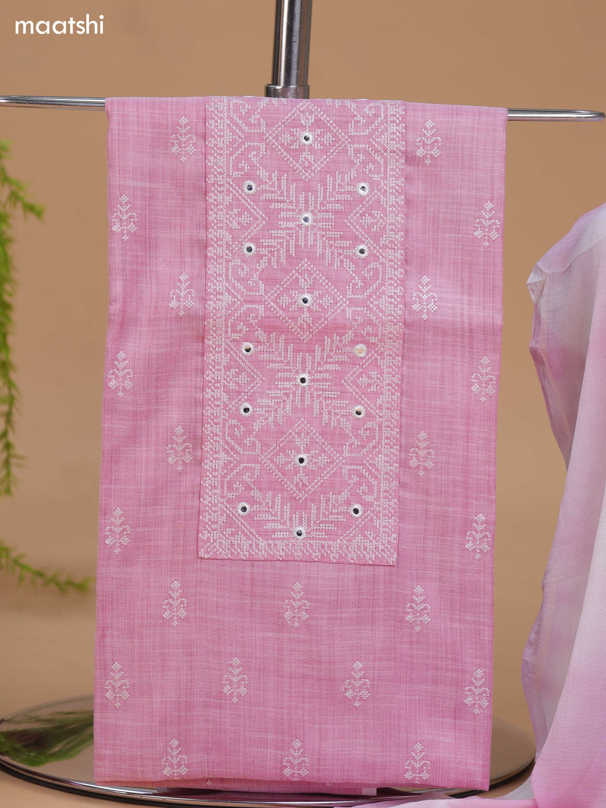 Pink and Off White Cotton Dress Material With Embroidery Work Neck Pattern and Bottom & Dupatta