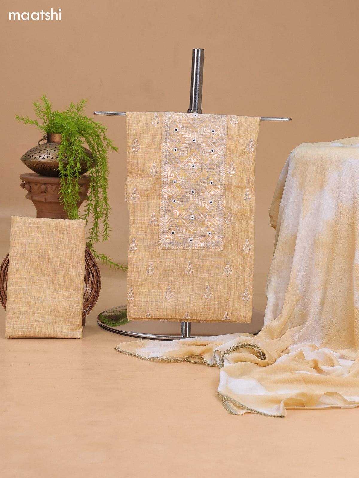 Cream and Off White Cotton Dress Material With Embroidery Work Neck Pattern and Bottom & Dupatta