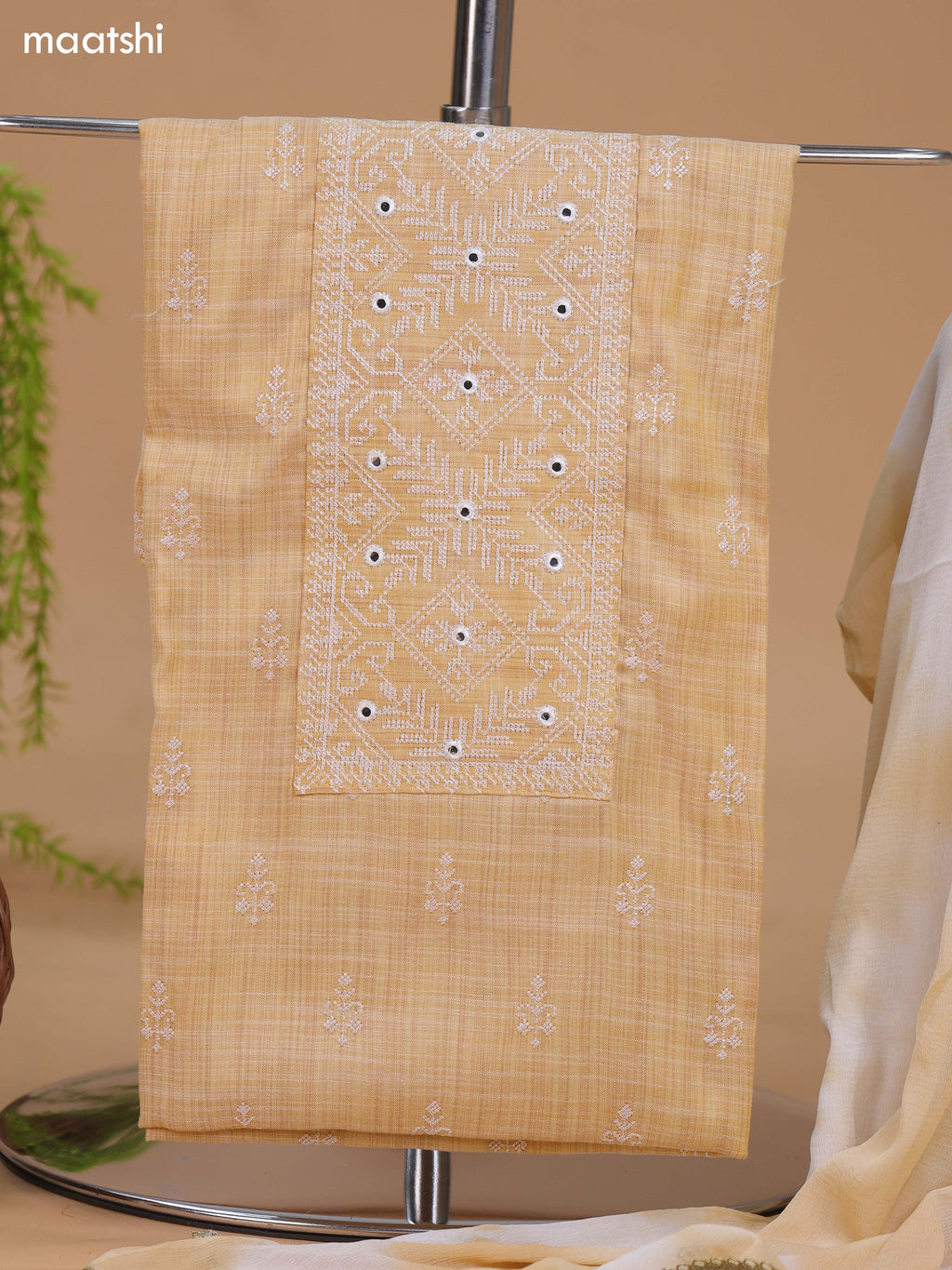 Cream and Off White Cotton Dress Material With Embroidery Work Neck Pattern and Bottom & Dupatta