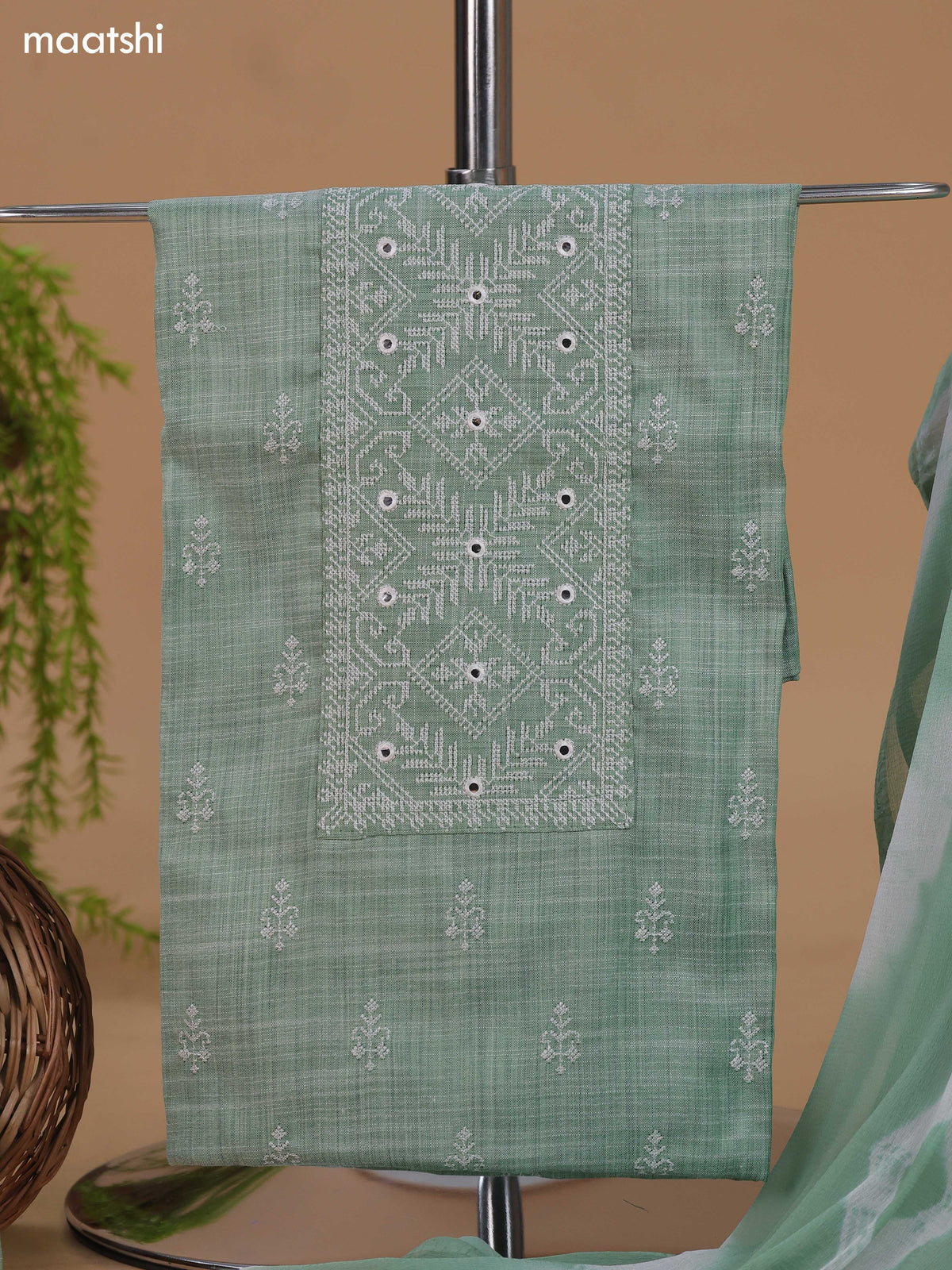Pale Green and Off White Cotton Dress Material With Embroidery Work Neck Pattern and Bottom & Dupatta
