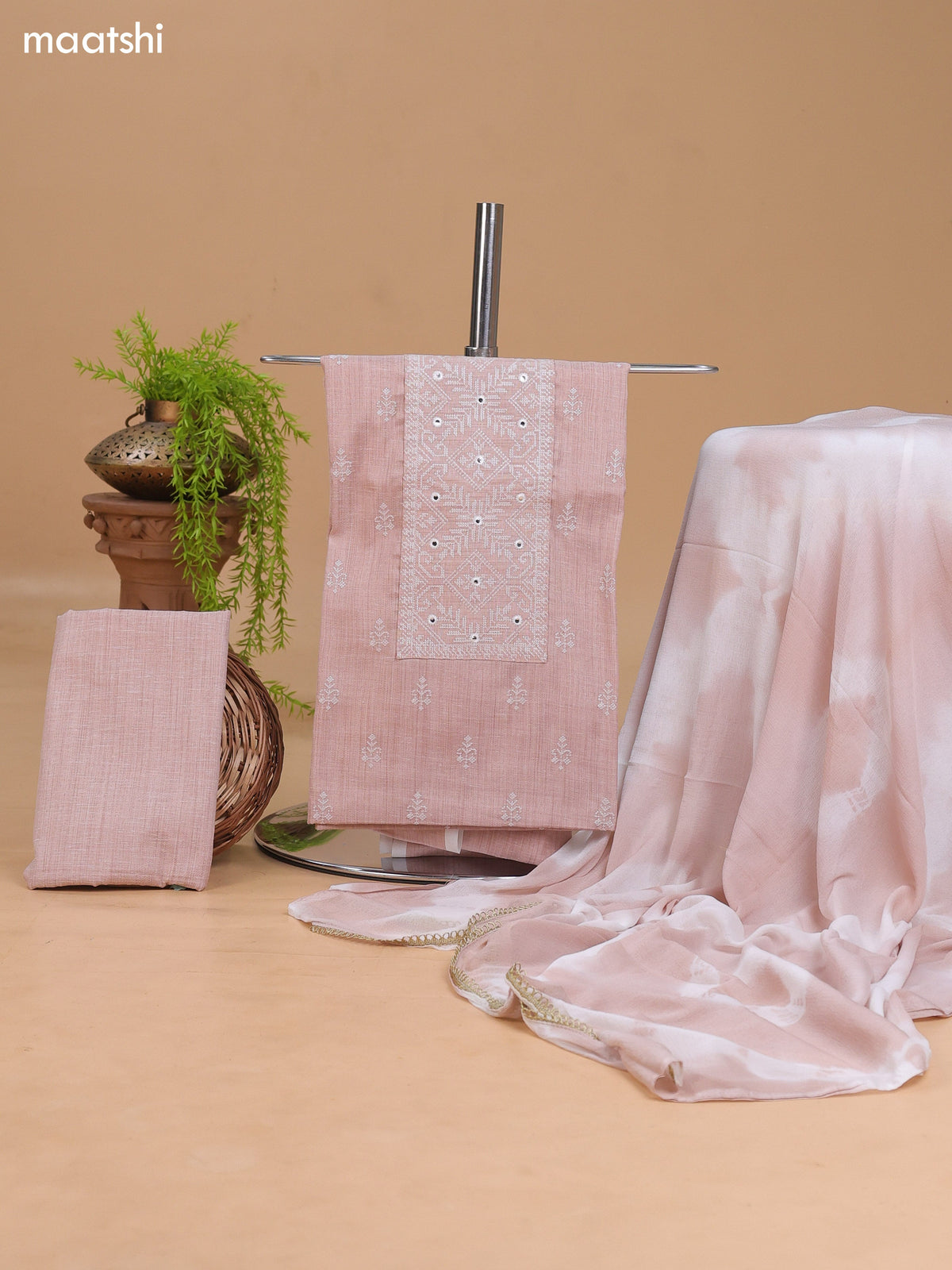 Mild Peach Cotton Dress Material With Embroidery Work Neck Pattern and Bottom & Dupatta