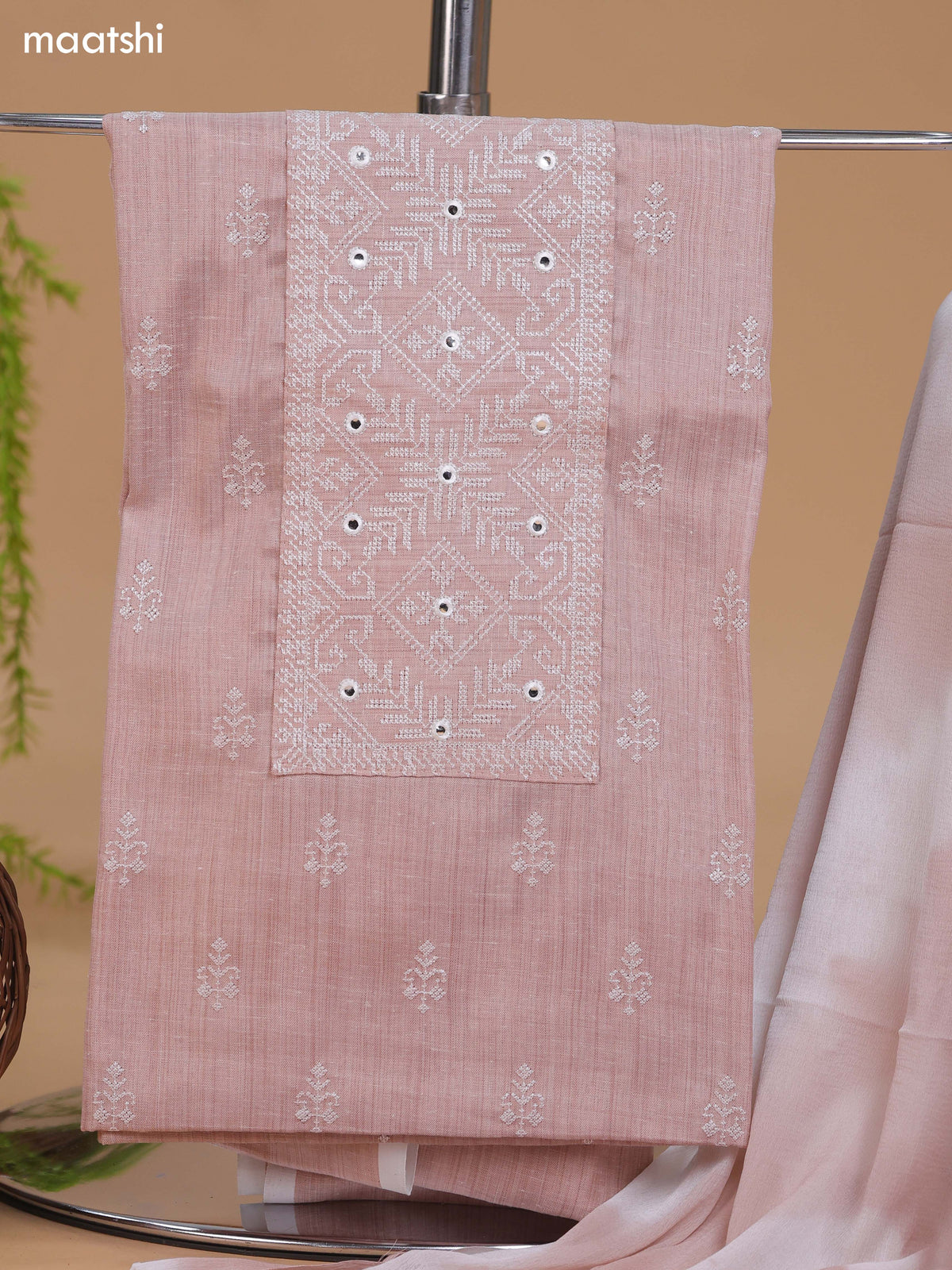 Mild Peach Cotton Dress Material With Embroidery Work Neck Pattern and Bottom & Dupatta