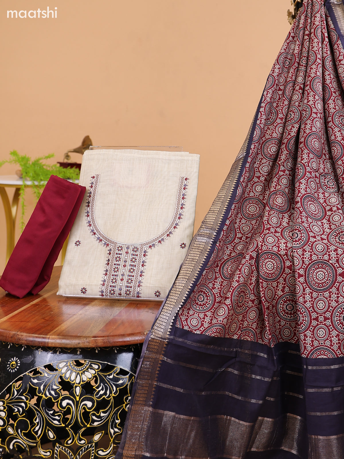 Off White and Maroon Cotton Dress Material With Floral Butta Prints & Embroidery Work Neck Pattern and Bottom & Dupatta