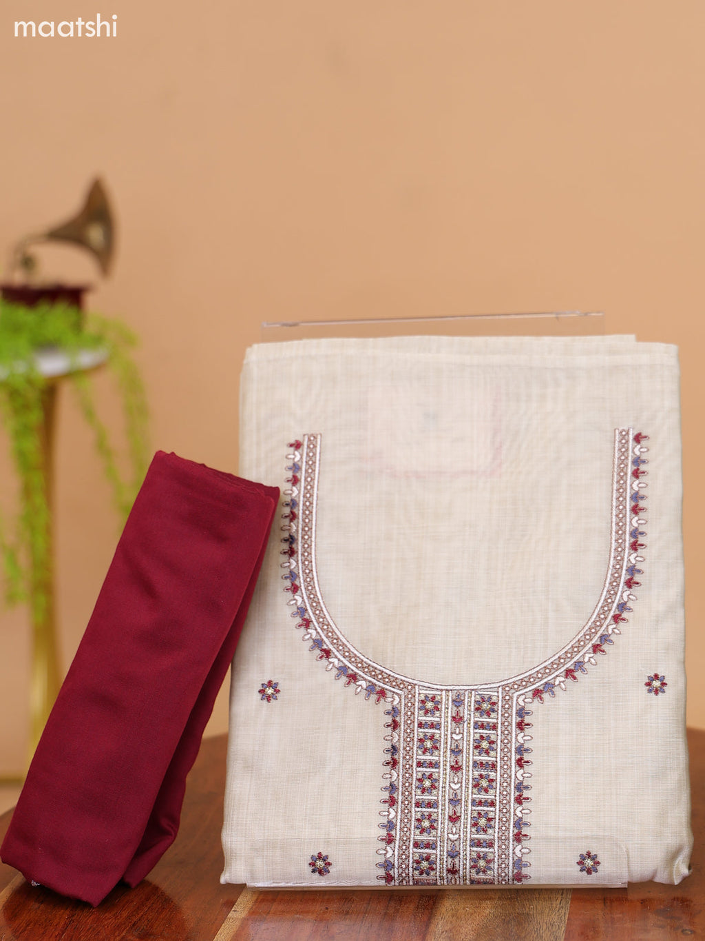 Off White and Maroon Cotton Dress Material With Floral Butta Prints & Embroidery Work Neck Pattern and Bottom & Dupatta