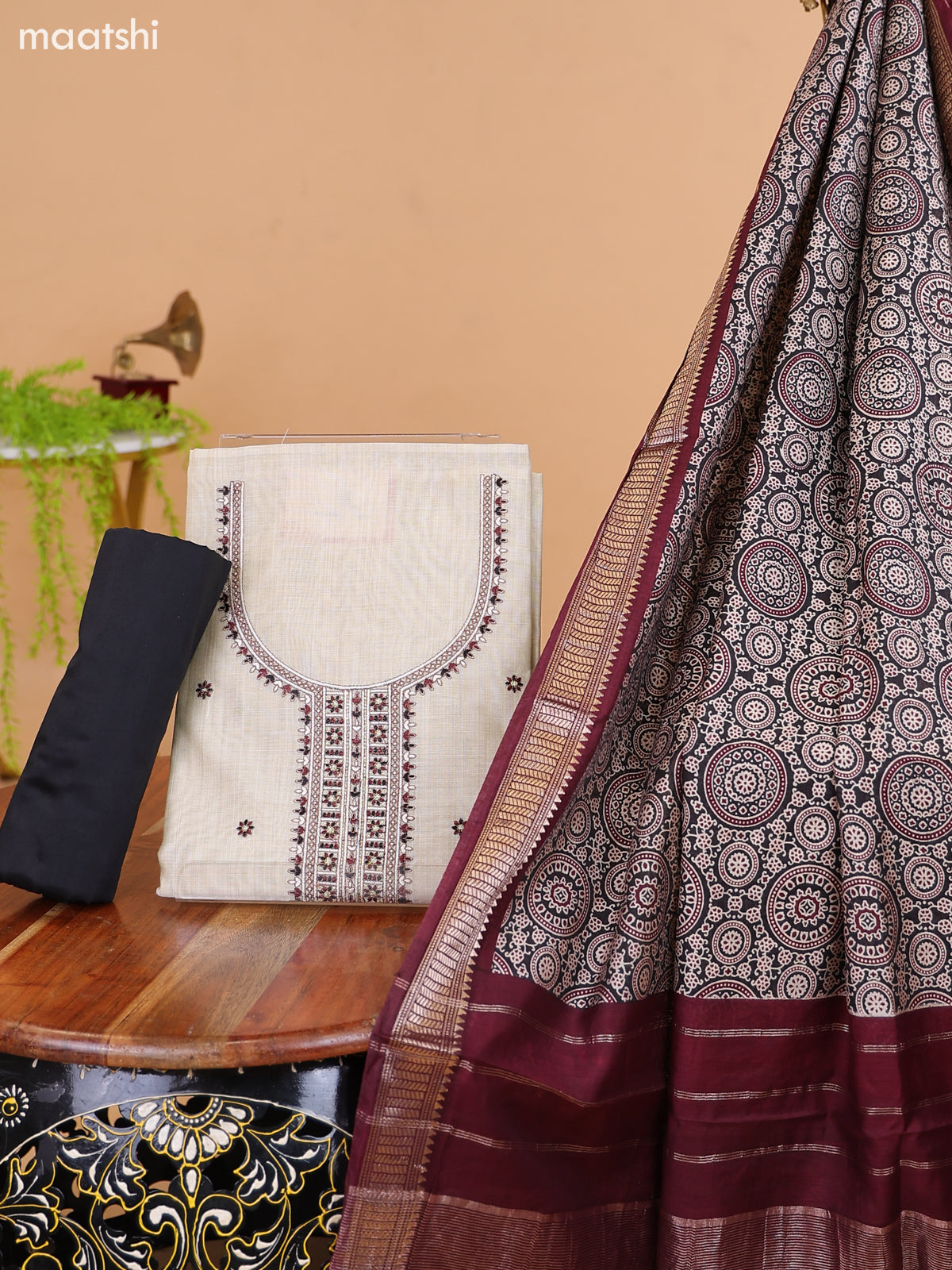 Off White and Black Cotton Dress Material With Floral Butta Prints & Embroidery Work Neck Pattern and Bottom & Dupatta
