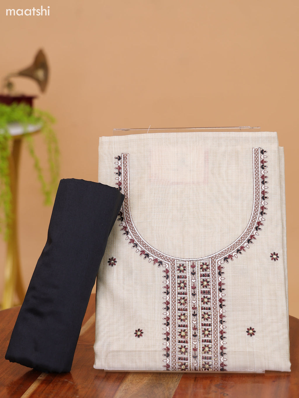 Off White and Black Cotton Dress Material With Floral Butta Prints & Embroidery Work Neck Pattern and Bottom & Dupatta