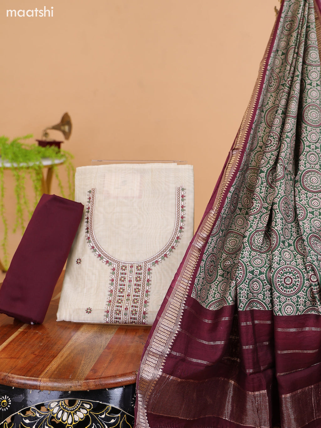 Off White and Green Cotton Dress Material With Floral Butta Prints & Embroidery Work Neck Pattern and Bottom & Dupatta