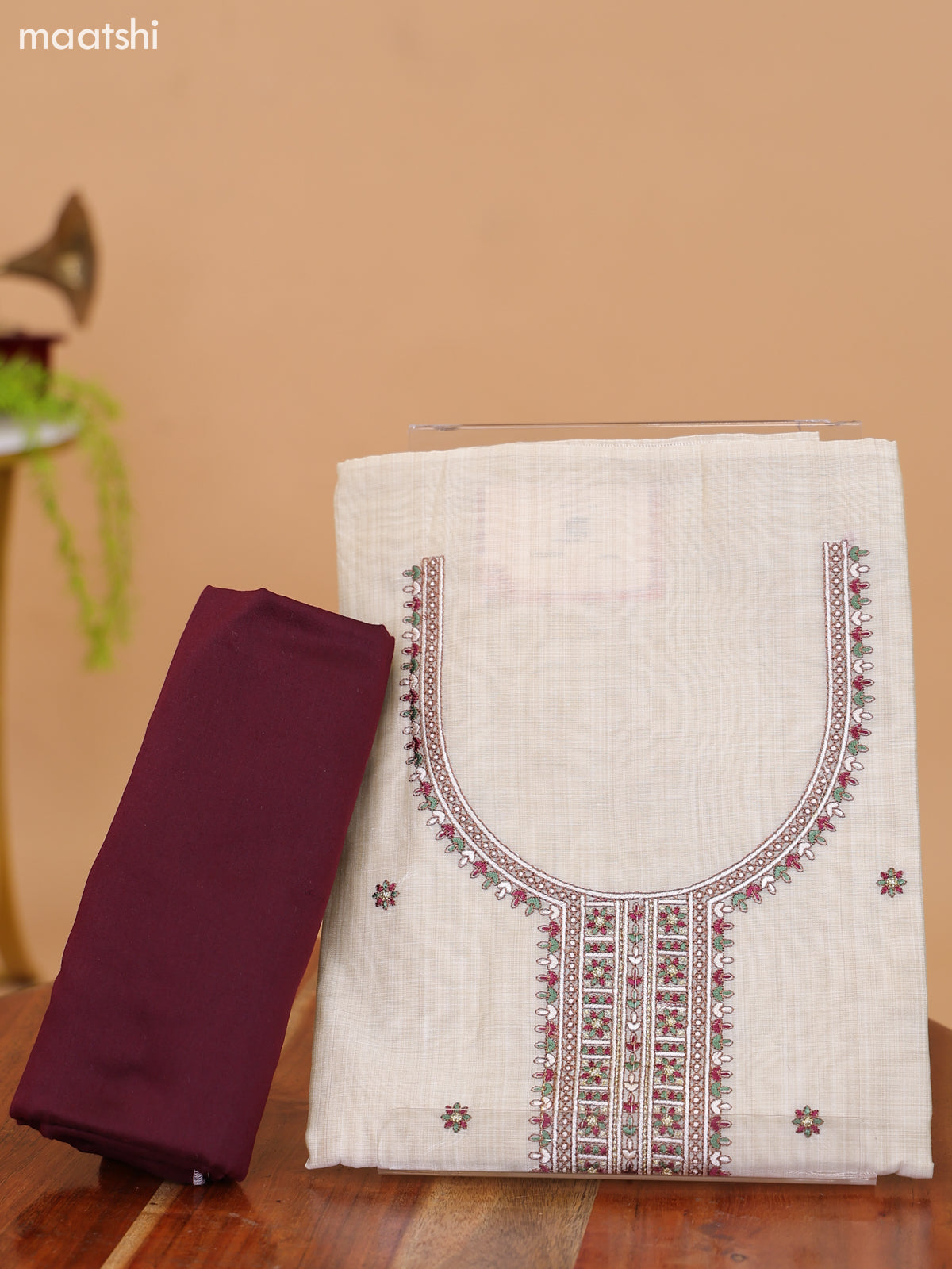 Off White and Green Cotton Dress Material With Floral Butta Prints & Embroidery Work Neck Pattern and Bottom & Dupatta
