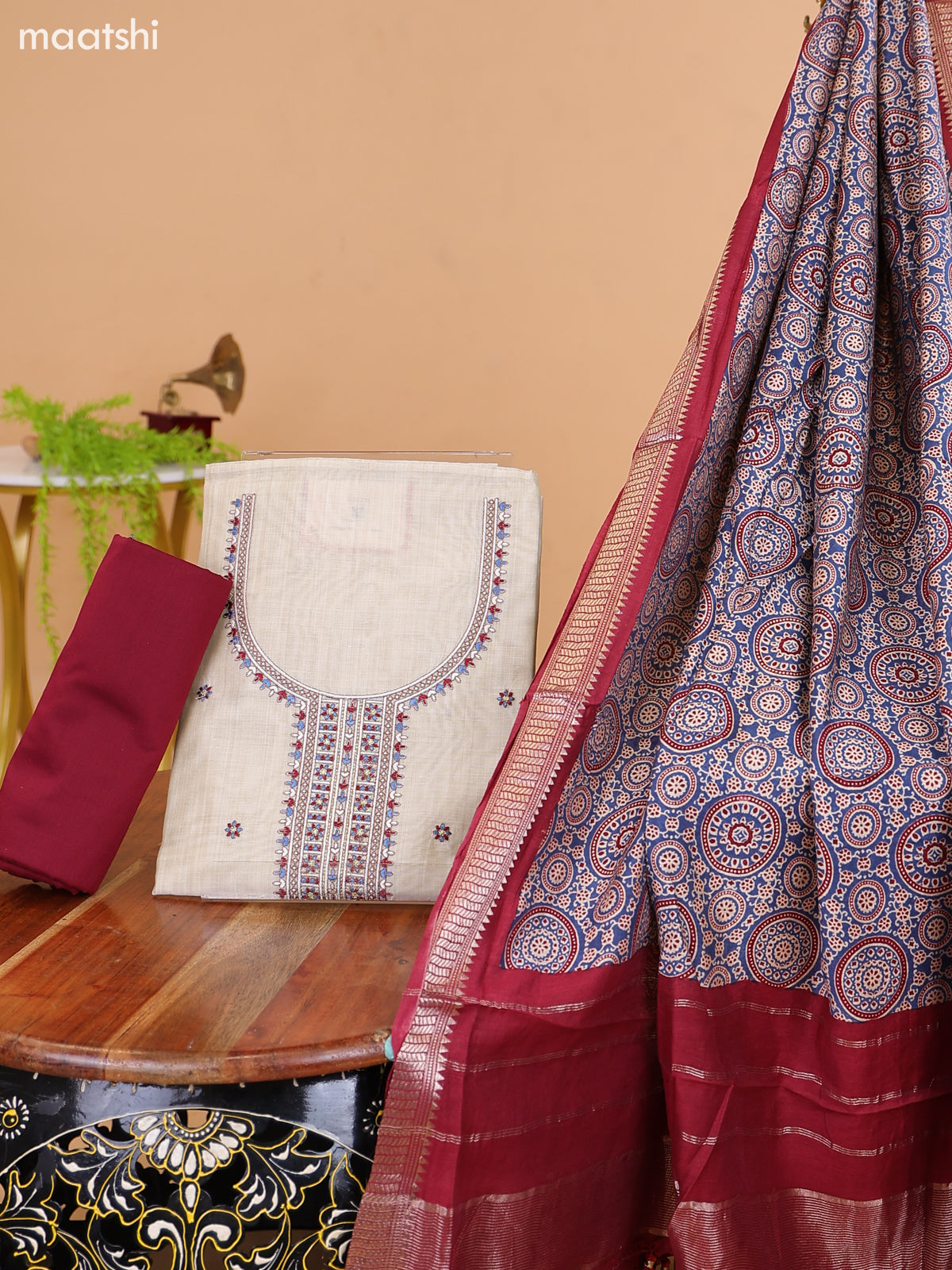 Off White and Blue Cotton Dress Material With Floral Butta Prints & Embroidery Work Neck Pattern and Bottom & Dupatta