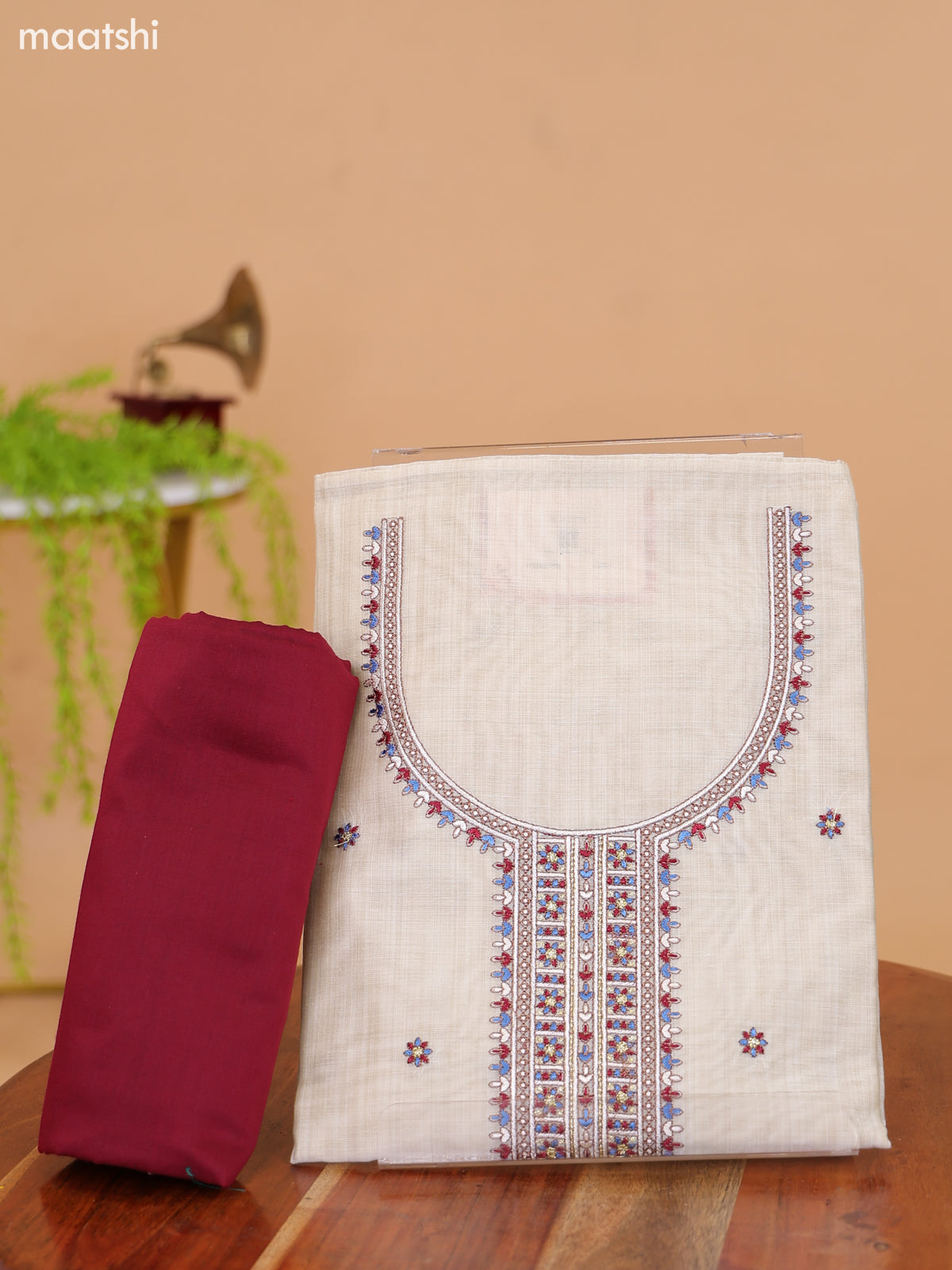 Off White and Blue Cotton Dress Material With Floral Butta Prints & Embroidery Work Neck Pattern and Bottom & Dupatta