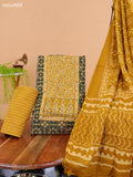 Green and Mustard Yellow Cotton Dress Material With Ajrakh Prints & Patch Work Neck Pattern and Bottom & Dupatta