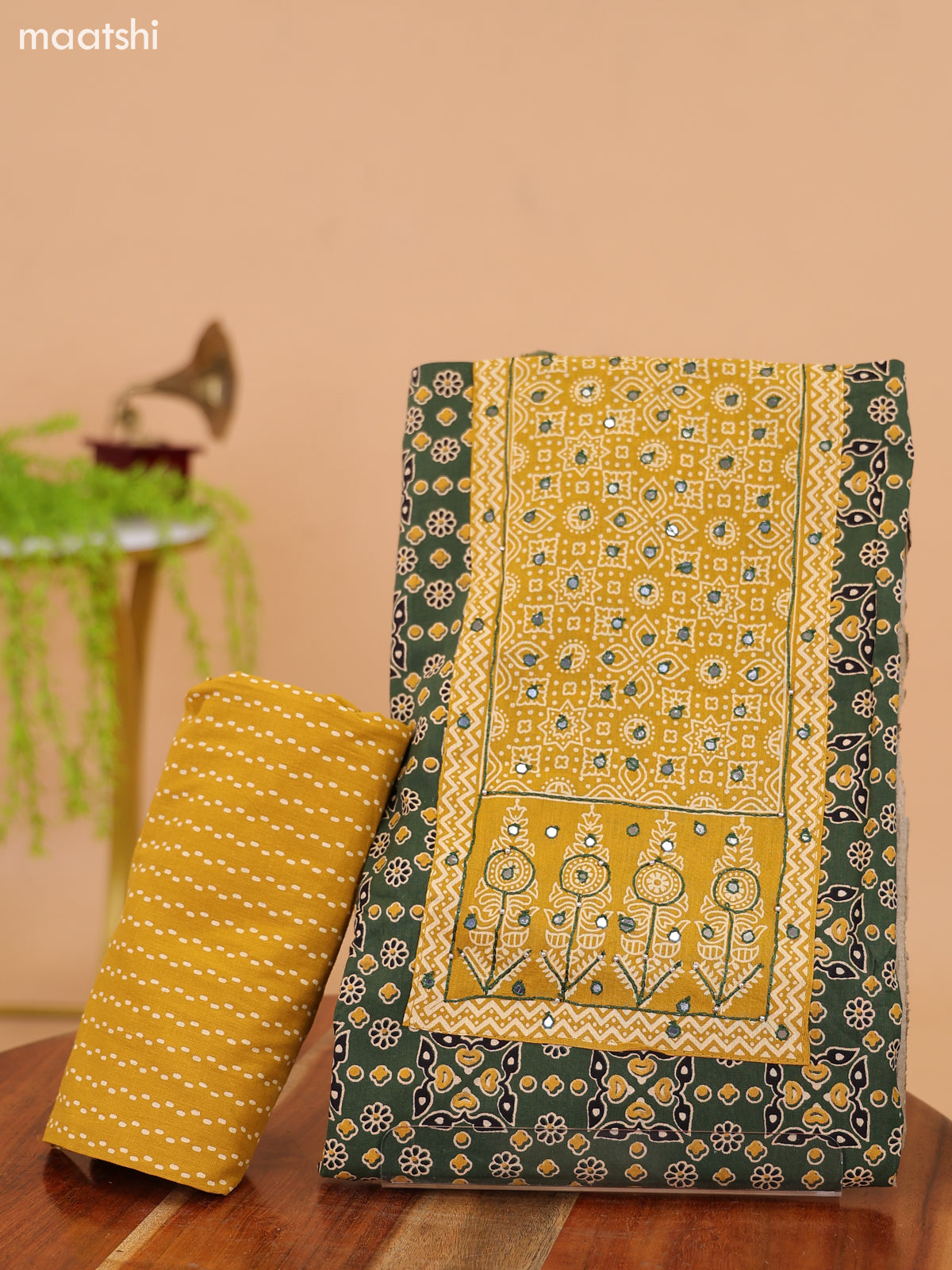 Green and Mustard Yellow Cotton Dress Material With Ajrakh Prints & Patch Work Neck Pattern and Bottom & Dupatta