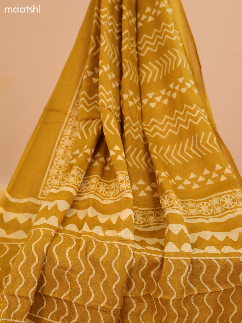 Green and Mustard Yellow Cotton Dress Material With Ajrakh Prints & Patch Work Neck Pattern and Bottom & Dupatta