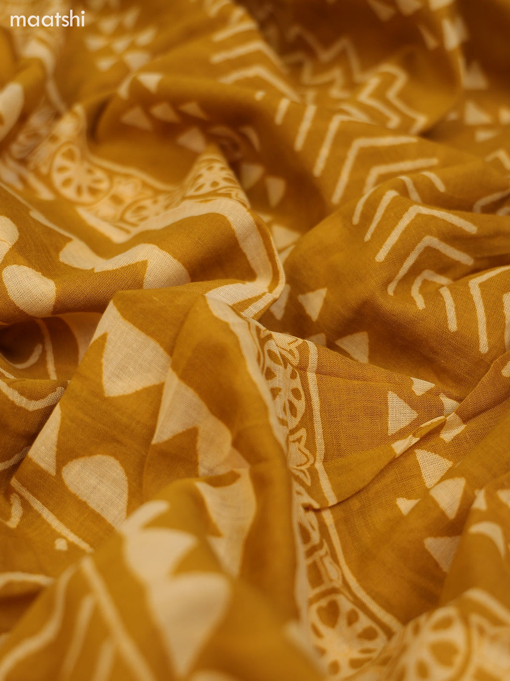 Green and Mustard Yellow Cotton Dress Material With Ajrakh Prints & Patch Work Neck Pattern and Bottom & Dupatta