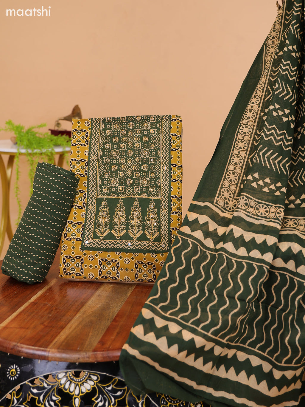 Mustard Yellow and Green Cotton Dress Material With Ajrakh Prints & Patch Work Neck Pattern and Bottom & Dupatta