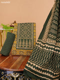 Mustard Yellow and Green Cotton Dress Material With Ajrakh Prints & Patch Work Neck Pattern and Bottom & Dupatta