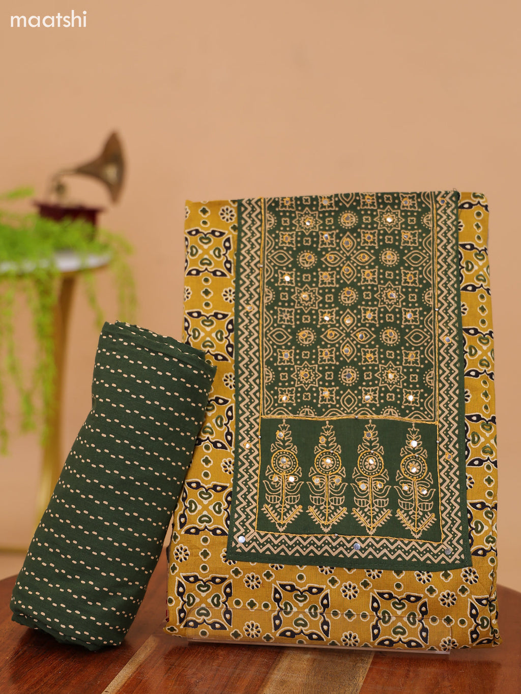 Mustard Yellow and Green Cotton Dress Material With Ajrakh Prints & Patch Work Neck Pattern and Bottom & Dupatta