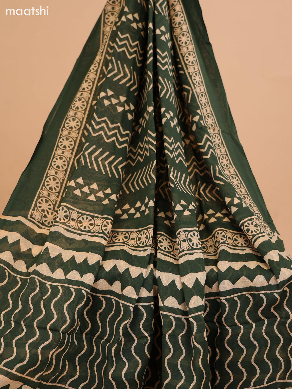 Mustard Yellow and Green Cotton Dress Material With Ajrakh Prints & Patch Work Neck Pattern and Bottom & Dupatta