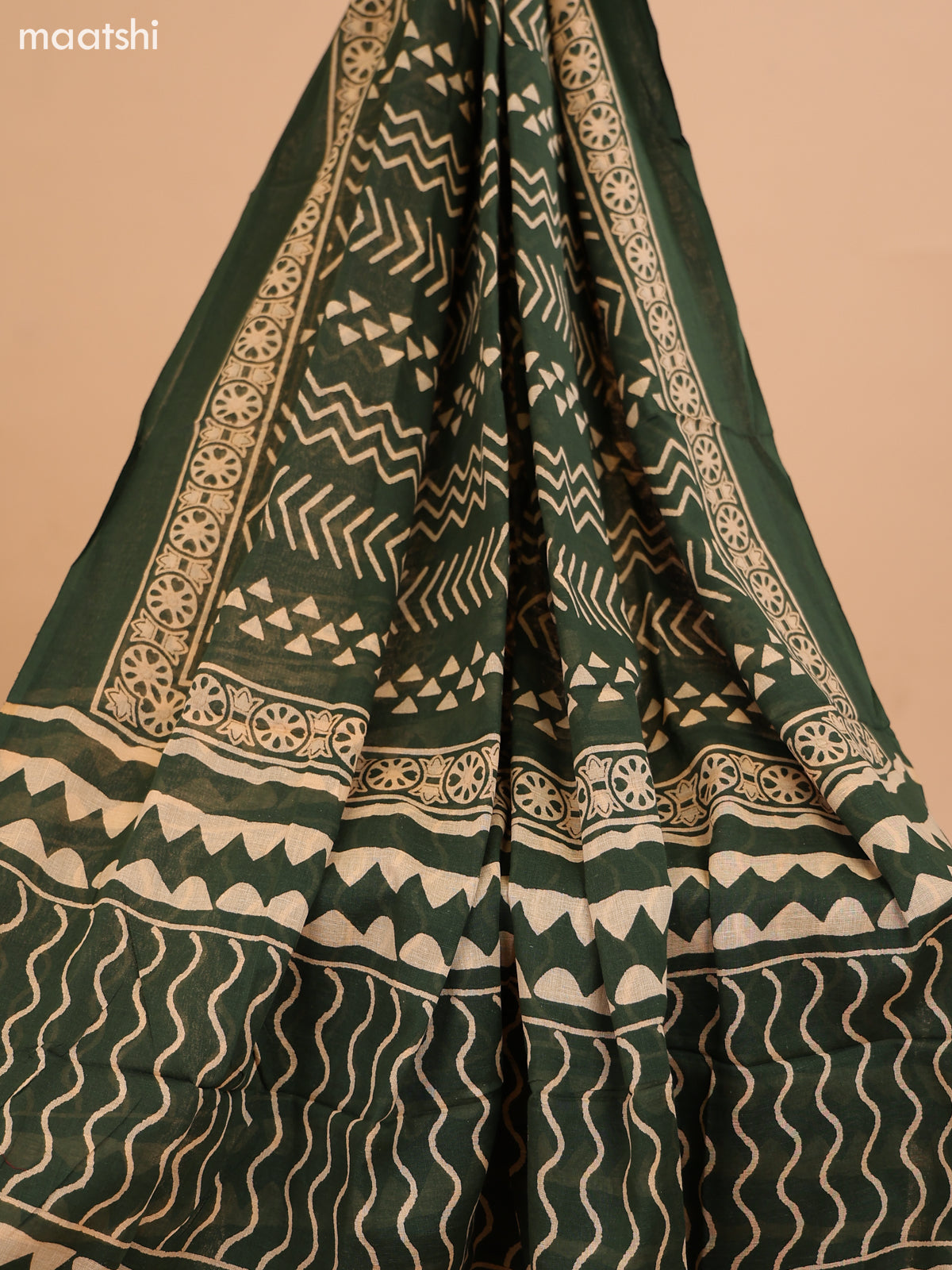 Mustard Yellow and Green Cotton Dress Material With Ajrakh Prints & Patch Work Neck Pattern and Bottom & Dupatta