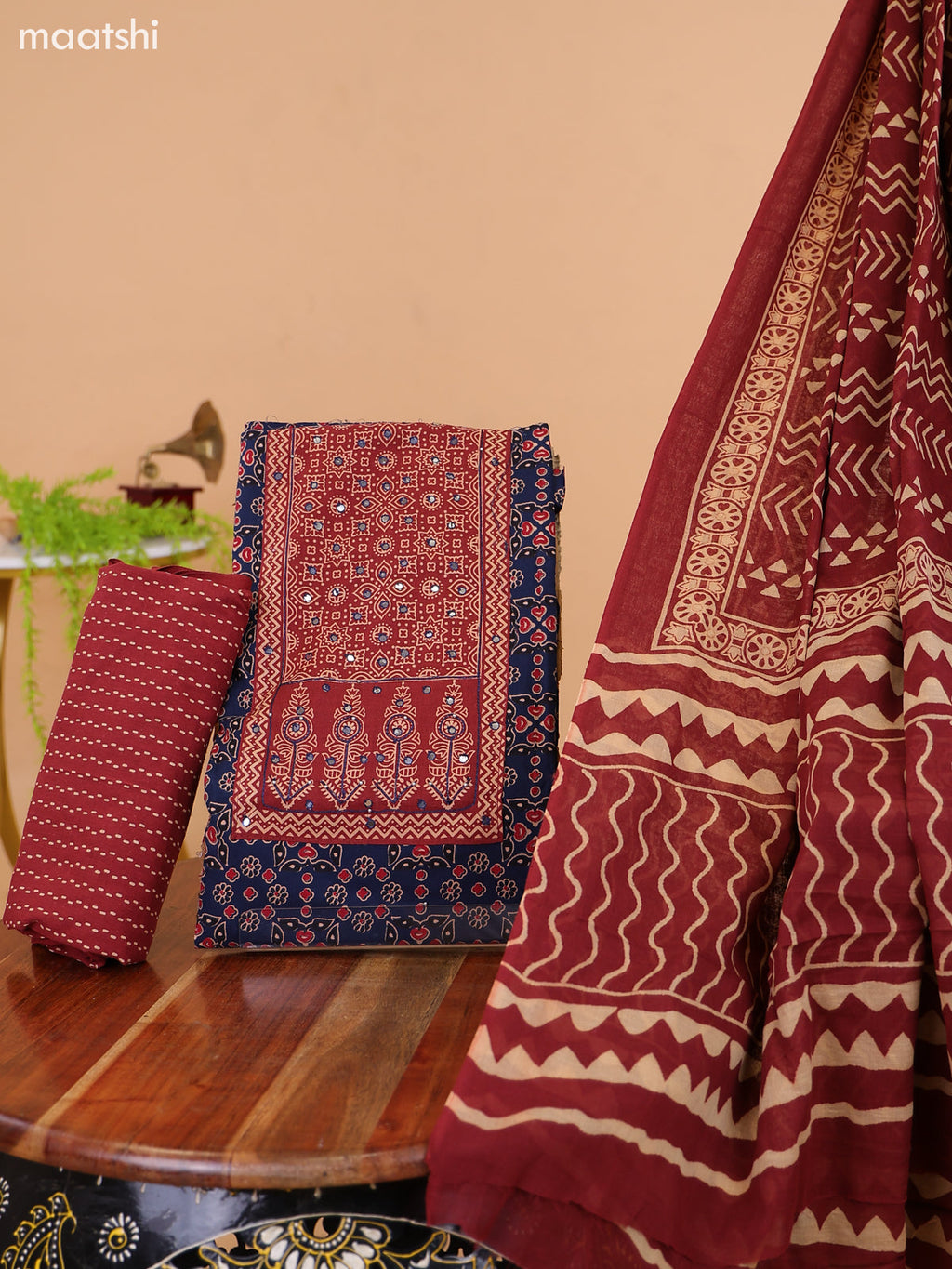 Navy Blue and Maroon Cotton Dress Material With Ajrakh Prints & Patch Work Neck Pattern and Bottom & Dupatta