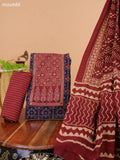 Navy Blue and Maroon Cotton Dress Material With Ajrakh Prints & Patch Work Neck Pattern and Bottom & Dupatta