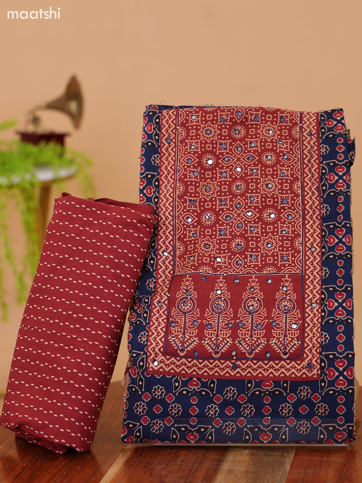 Navy Blue and Maroon Cotton Dress Material With Ajrakh Prints & Patch Work Neck Pattern and Bottom & Dupatta