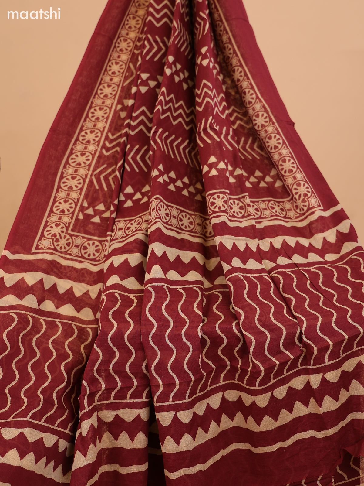 Navy Blue and Maroon Cotton Dress Material With Ajrakh Prints & Patch Work Neck Pattern and Bottom & Dupatta