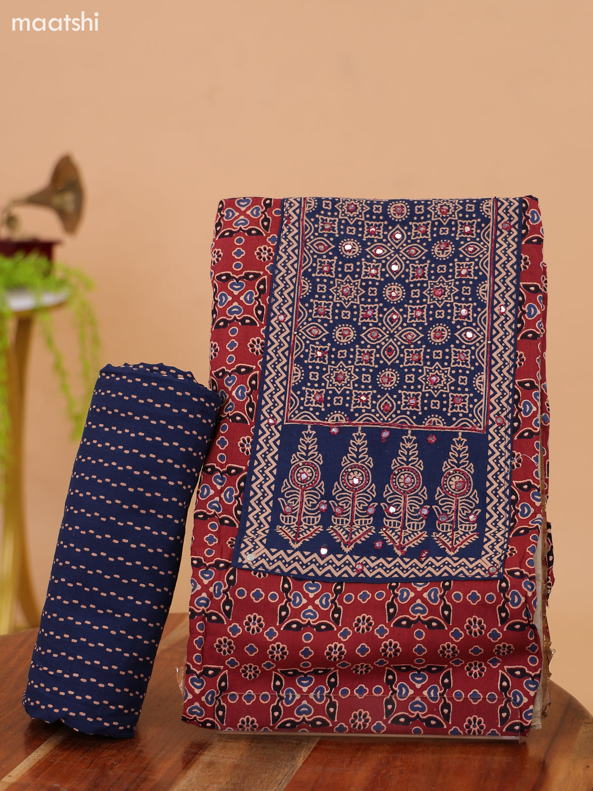 Maroon and Navy Blue Cotton Dress Material With Ajrakh Prints & Patch Work Neck Pattern and Bottom & Dupatta