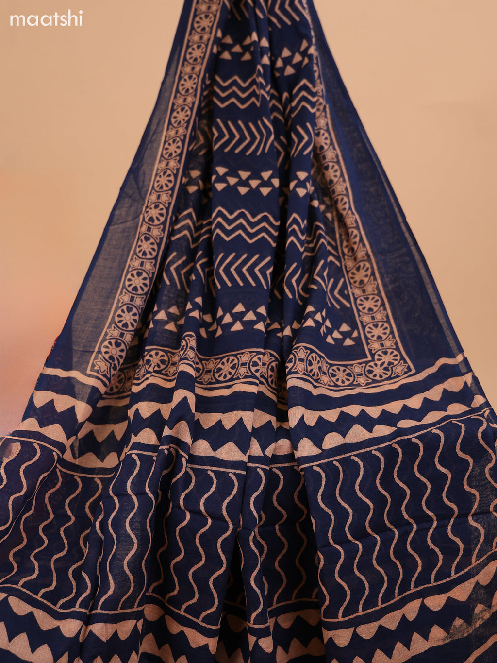 Maroon and Navy Blue Cotton Dress Material With Ajrakh Prints & Patch Work Neck Pattern and Bottom & Dupatta