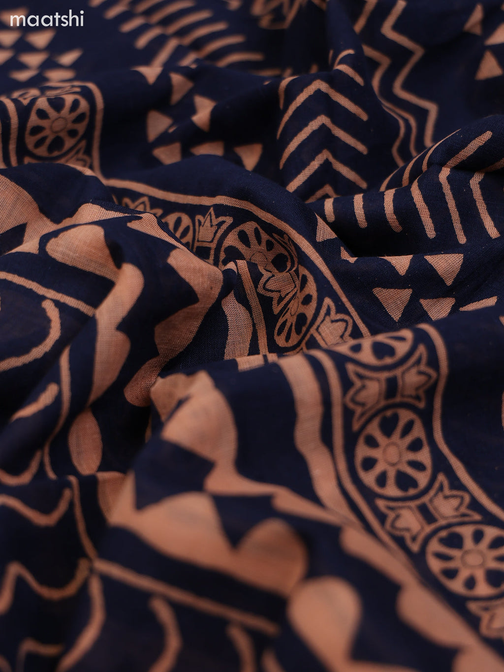Maroon and Navy Blue Cotton Dress Material With Ajrakh Prints & Patch Work Neck Pattern and Bottom & Dupatta