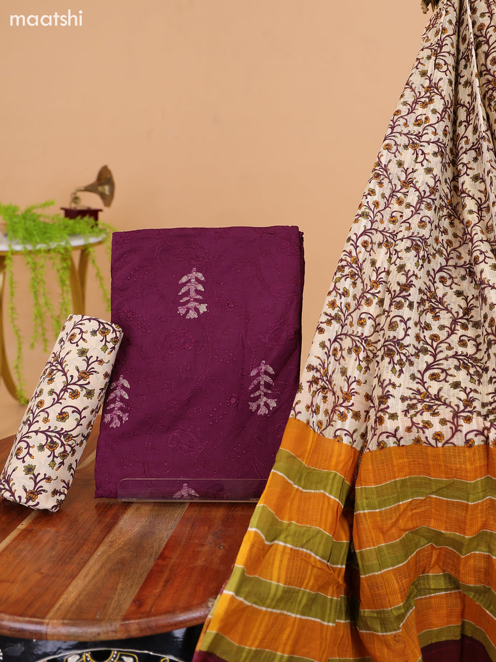 Deep Purple and Beige Cotton Dress Material With Batik Butta Prints & Allover Embroidery Work Pattern and Bottom & Dupatta