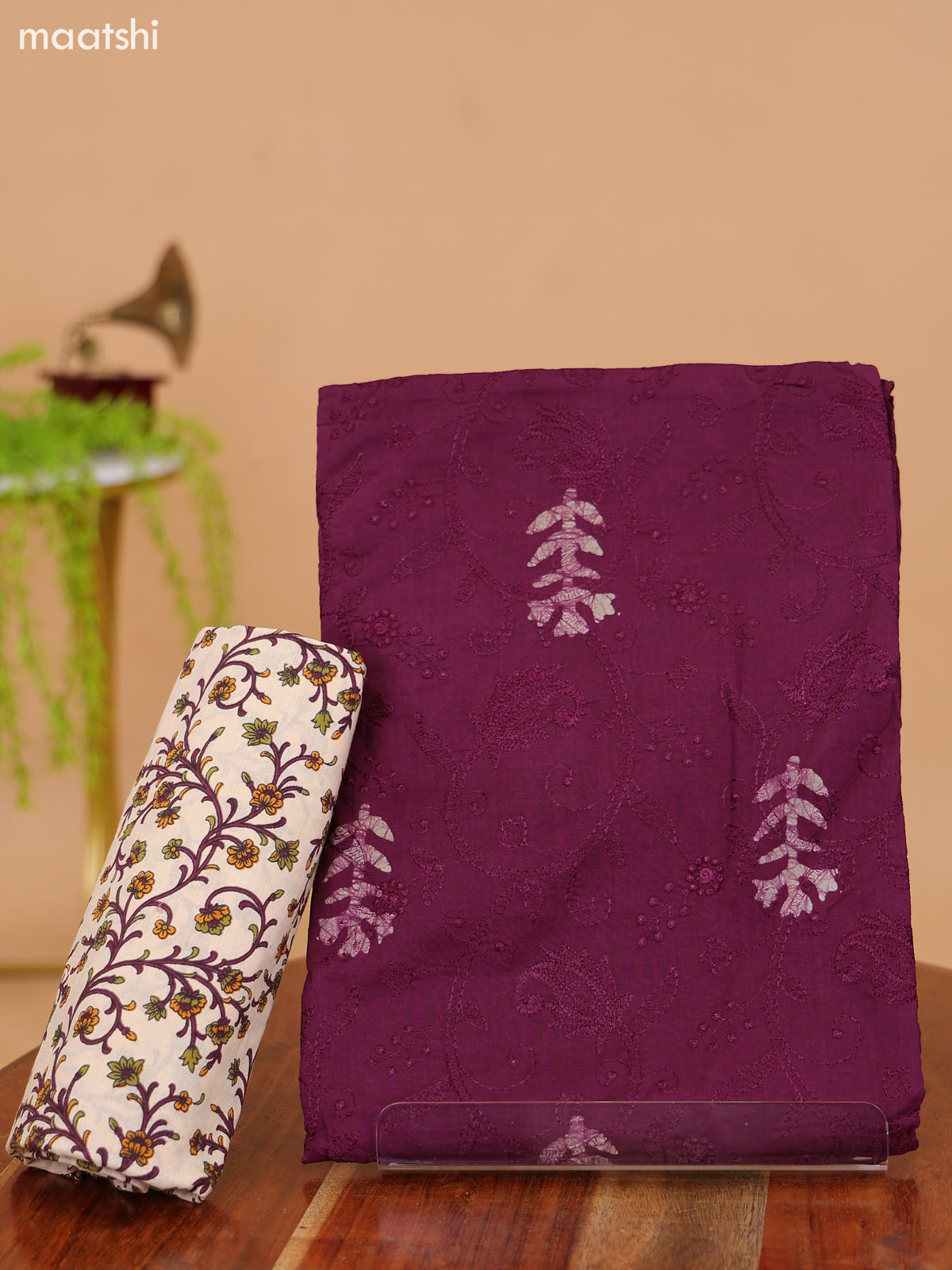Deep Purple and Beige Cotton Dress Material With Batik Butta Prints & Allover Embroidery Work Pattern and Bottom & Dupatta