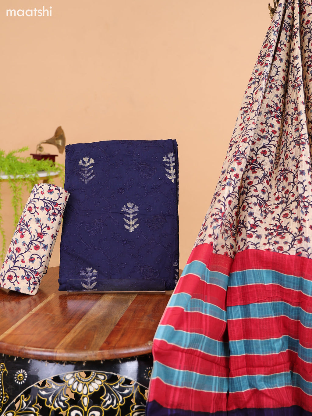 Navy Blue and Beige Cotton Dress Material With Batik Butta Prints & Allover Embroidery Work Pattern and Bottom & Dupatta