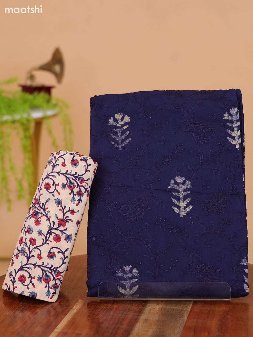 Navy Blue and Beige Cotton Dress Material With Batik Butta Prints & Allover Embroidery Work Pattern and Bottom & Dupatta