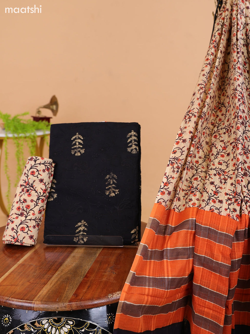 Black and Beige Cotton Dress Material With Batik Butta Prints & Allover Embroidery Work Pattern and Bottom & Dupatta