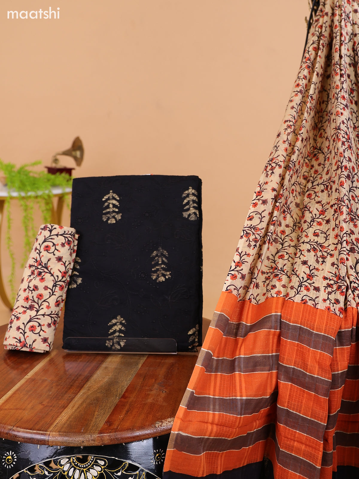 Black and Beige Cotton Dress Material With Batik Butta Prints & Allover Embroidery Work Pattern and Bottom & Dupatta