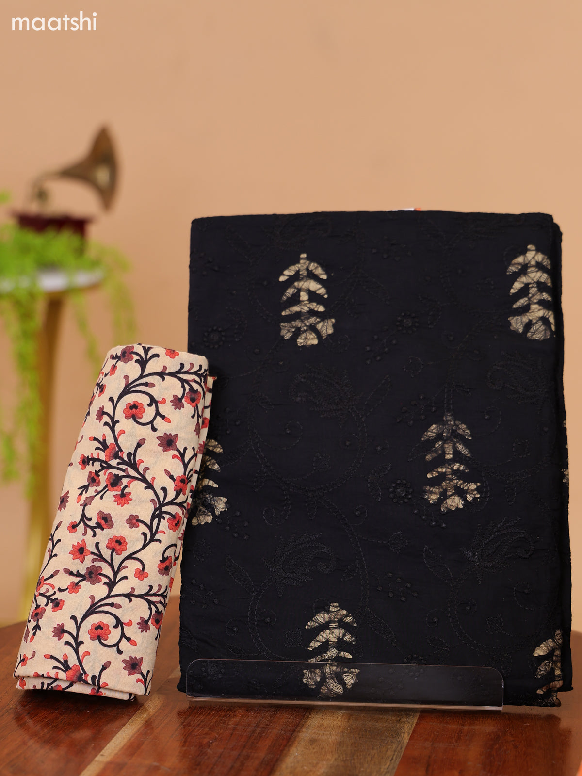Black and Beige Cotton Dress Material With Batik Butta Prints & Allover Embroidery Work Pattern and Bottom & Dupatta
