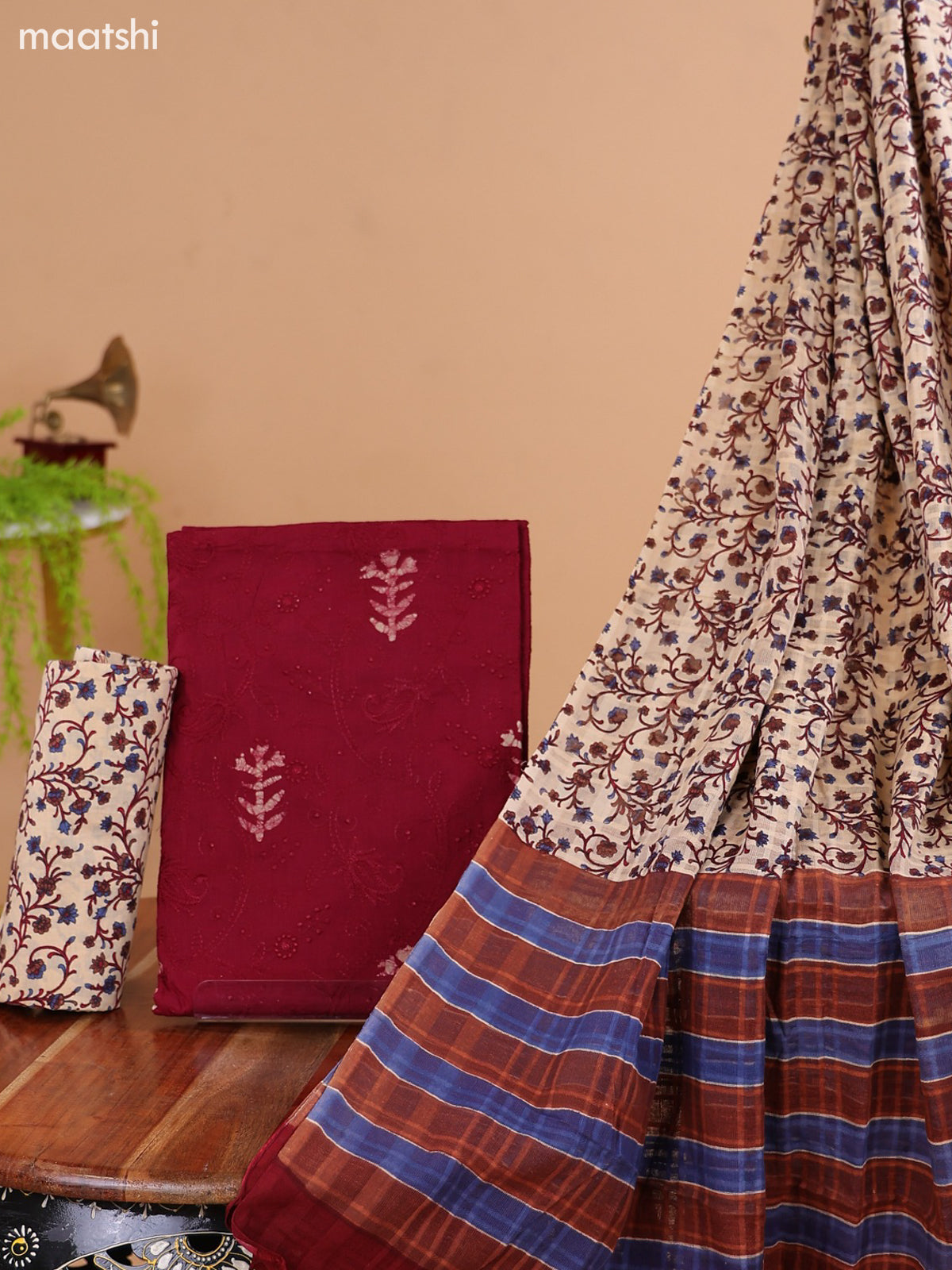 Maroon and Beige Cotton Dress Material With Batik Butta Prints & Allover Embroidery Work Pattern and Bottom & Dupatta